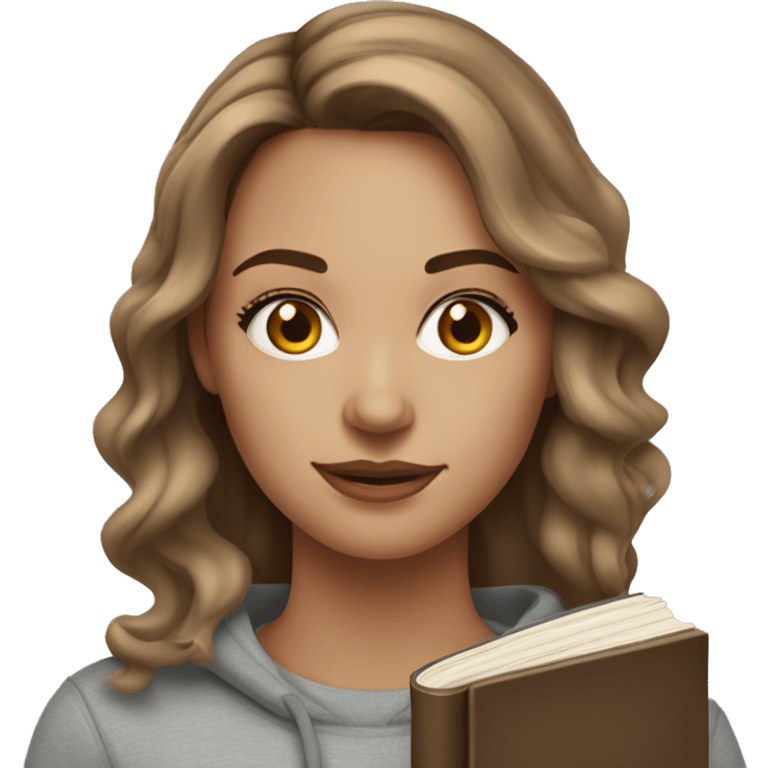 a white woman with makeup and long brown wavy hair with highlights. wearing a grey sweatshirt and holding books emoji