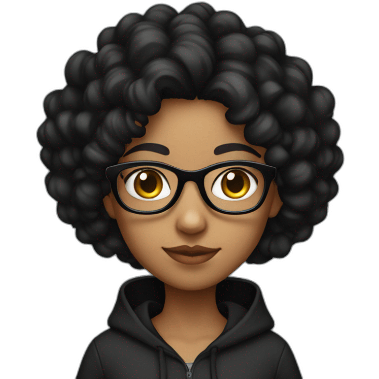 indian girl with glasses with black curly hair wearing a black hoodie with no zipper emoji