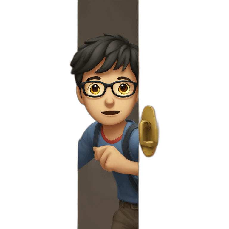 young dark-haired man with glasses struggling to lock a wooden door emoji