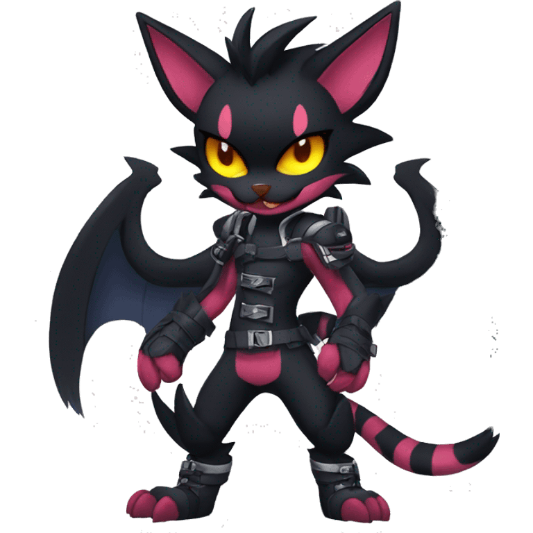 Black Anthro Cool Punk Noibat-Litten-Fakemon-fursona with fangs and edgy markings Full Body emoji