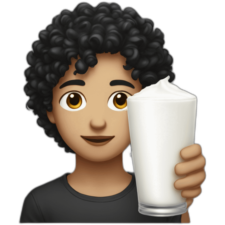 A sideportrait from the shoulders up of a pasty white teenage boy with dark black curly hair and a distinct noseholding a chalice of milk emoji