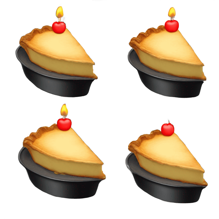 Slice of apple pie with a birthday candle on it in a black pan on a red and white checkered table cloth  emoji