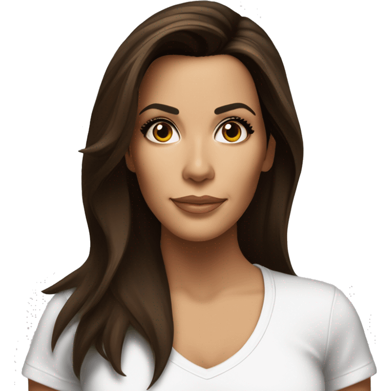 3/4 face, contrasted, shadow, light, Eva Longoria expression, standing, thin nose, brunette woman, hazel eyes, long eyelashes, dark shoulder shaded hair, white t-shirt, jeans, white sneakers emoji