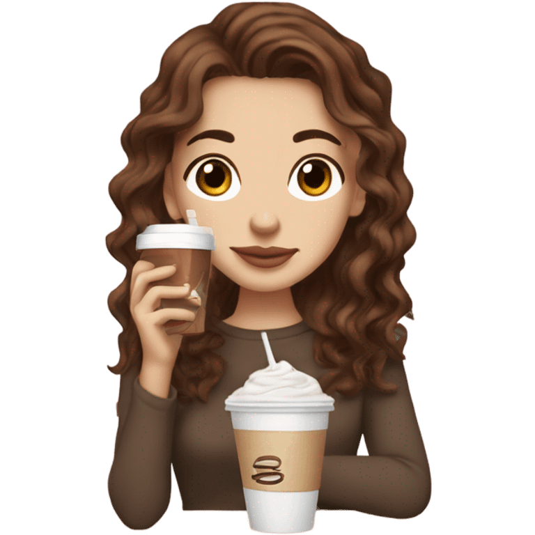 aesthetic white girl with brown wavy hair and brown eyes sipping an iced americano in a cute coffee shop  emoji