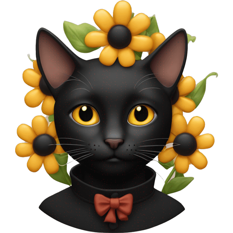 Chat noir et roux avec un nœud et des fleurs emoji