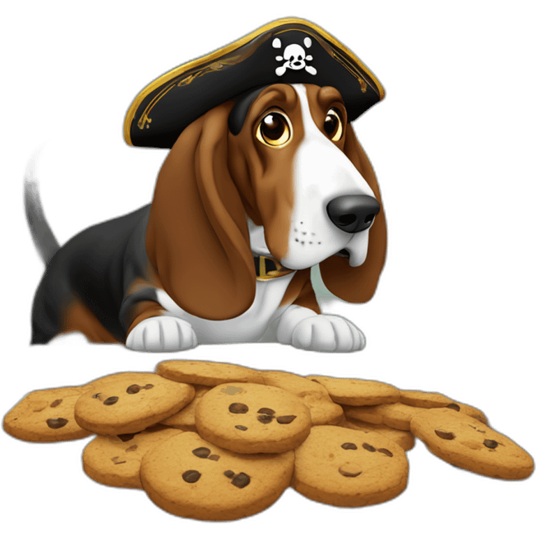 Basset hound dog stealing cookies from above a table, wears a pirate patch over his left eye, third person view, emoji