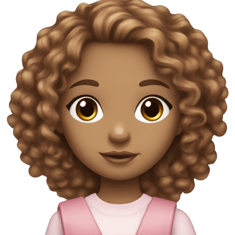 Light brown doll eyes, long brown curly hair, feminine, pink, white girl, angelic, holding school books emoji