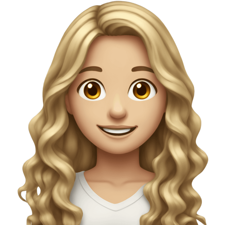 a young white girl with long wavy brown hair with blonde highlights, brown eyes smiling emoji