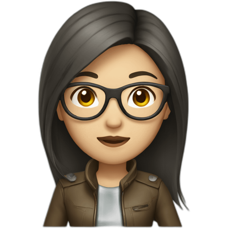 asian girl with glasses and a leather jacket with a  khaki shirt and long dark hair emoji