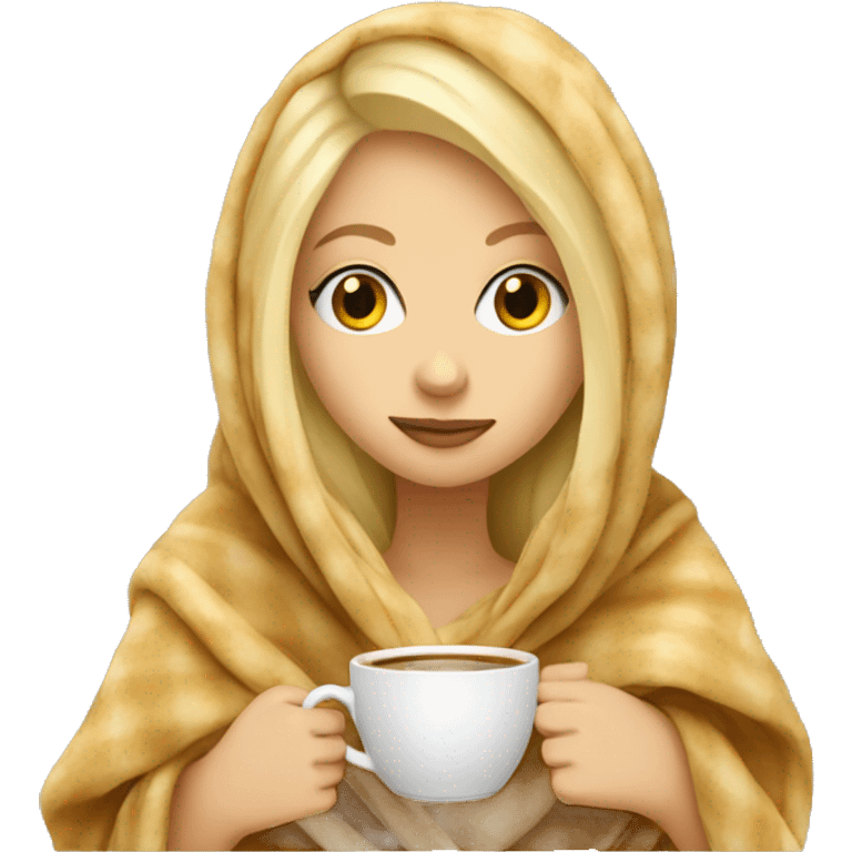 Blonde girl inside a blanket sipping coffee eyesi closed emoji