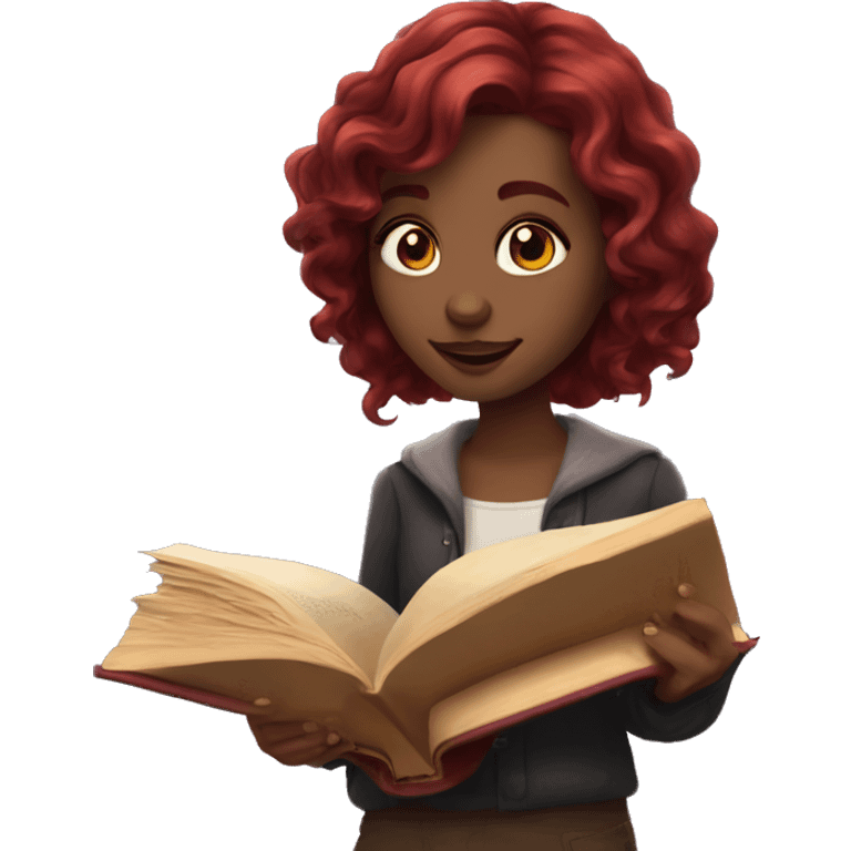 Girl with dark red wavy hair with reading a fantasy book  emoji