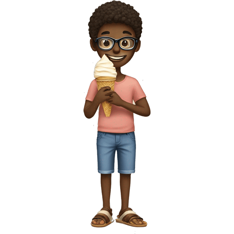 A boy eating ice cream with sandals with a glasses on his face emoji