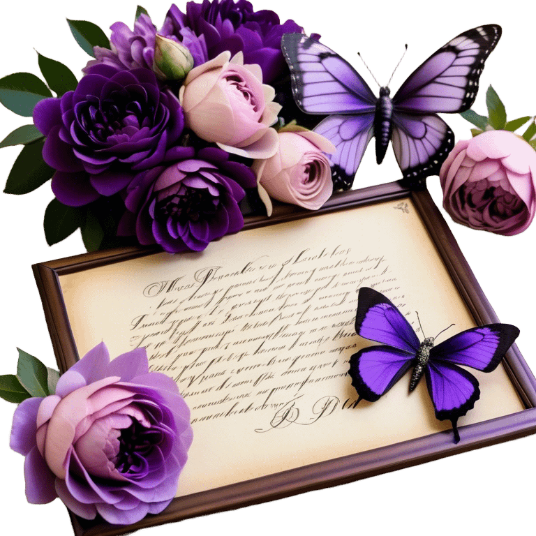 An antique love letter bundle, bound delicately with a purple silk ribbon, rests beside an arrangement of dried blush violet roses, lilac peonies, and soft purple dahlias, while a silver butterfly brooch adorned with pearls seems to pause, captivated by the deep violet inked calligraphy flowing across the aged parchment. emoji