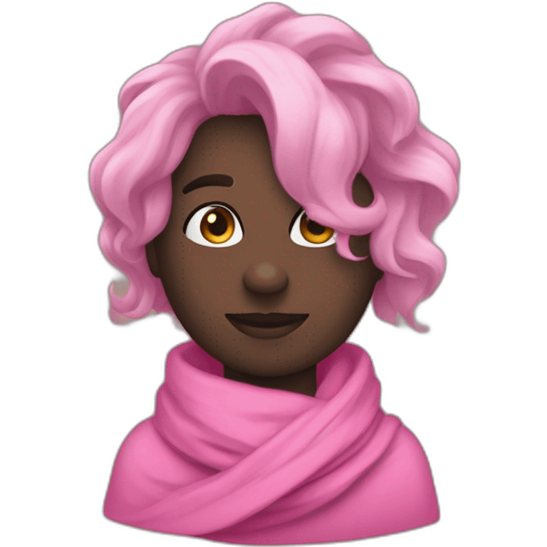 Esta imagen es un dibujo de un personaje con el pelo puntiagudo y una bufanda. El personaje tiene una bufanda rosa alrededor del cuello. El personaje tiene el pelo puntiagudo que es negro emoji