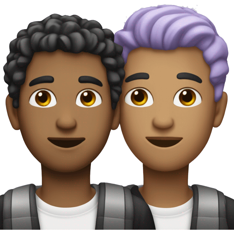 Two men kissing, one of the white with lavender hair and the other person is black with black hair  emoji