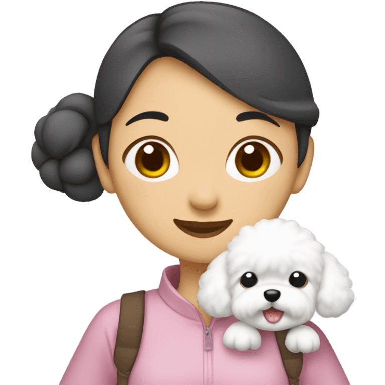 Hair-in-a-bun traveling Asian woman carrying a happy and cute Korean-style bichon frise emoji