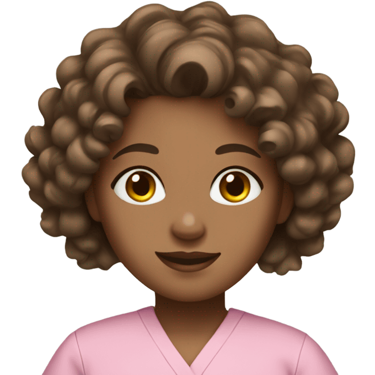 Girl with brown curly hair & brown eyes in pink scrubs  emoji