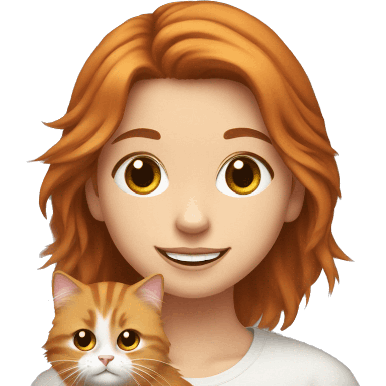 happy girl with brown eyes and ginger hair holding a Siberian fluffy cat emoji