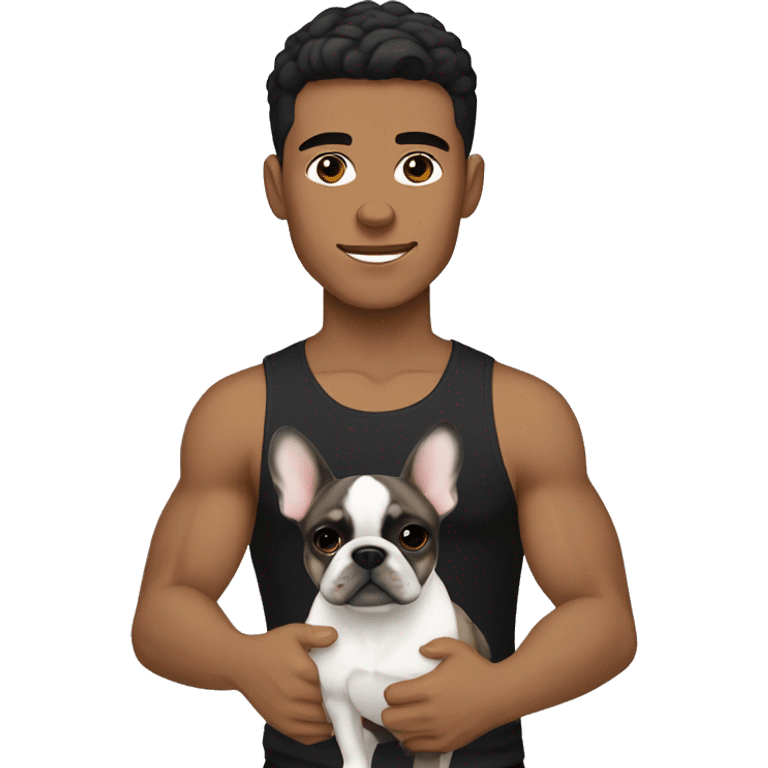 athletic light skin male with short black hair holding a brindle colored french bulldog emoji