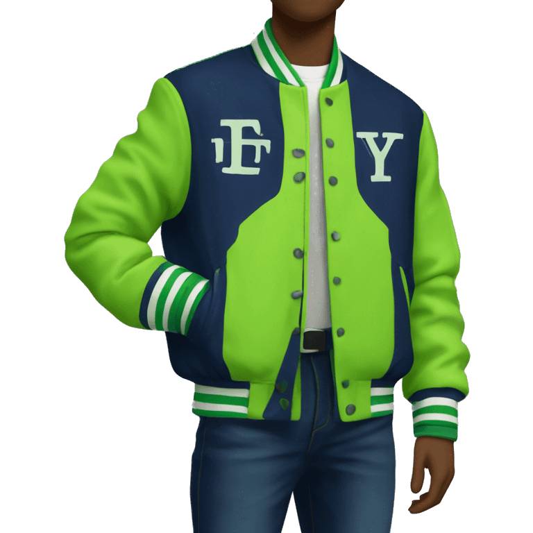 Navy blue college jacket with lime green and white letters emoji