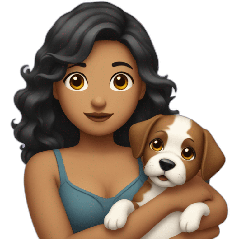 chubby girl with  wavy black hairs holding dog in her arms emoji