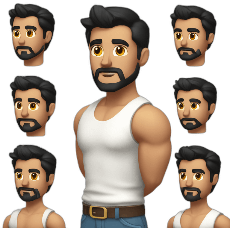 close up of white skin indian in plain white shirt with sleeve up and quiff black hair style and beard and muscle body emoji