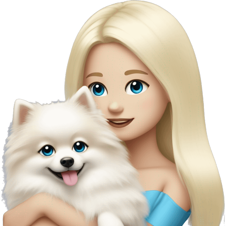 Blond girl white skin blue eyes hugging white Pomeranian with light pink bow emoji