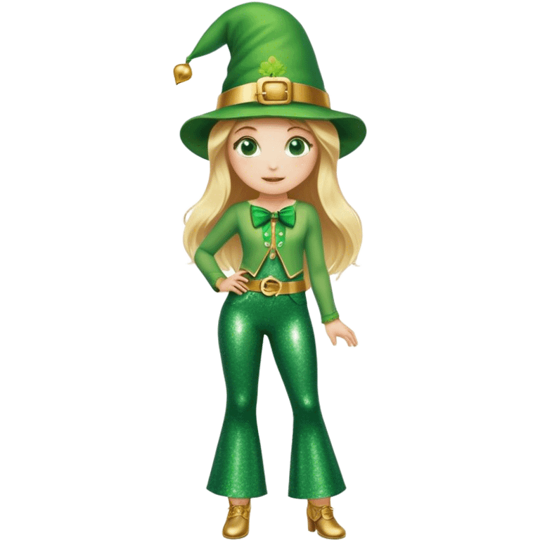 Blonde haired girl in glittery green bell bottoms and tall leprechaun hat emoji