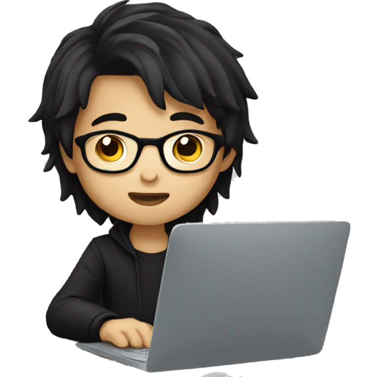 asian boy with glasses, long hair working, wearing black clothes , on his laptop  emoji