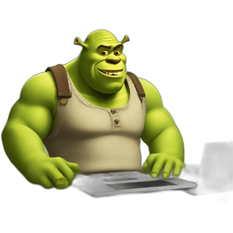 Shrek using laptop sitting on desk emoji