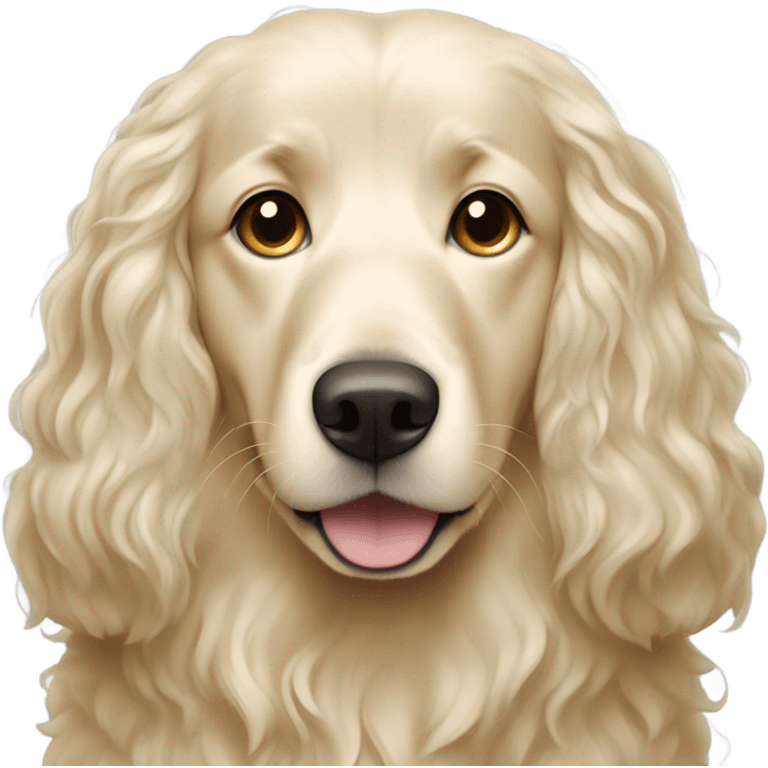  woman with long dark hair and English cream golden retriever curly haired dog emoji