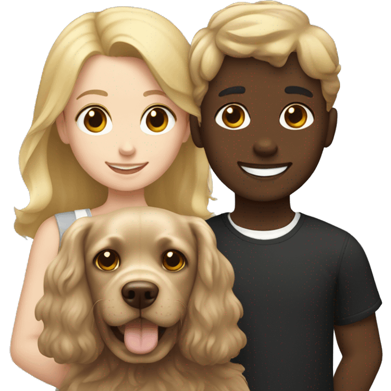 brown hair girl and Blond hair boy holding a black cocker spaniel emoji