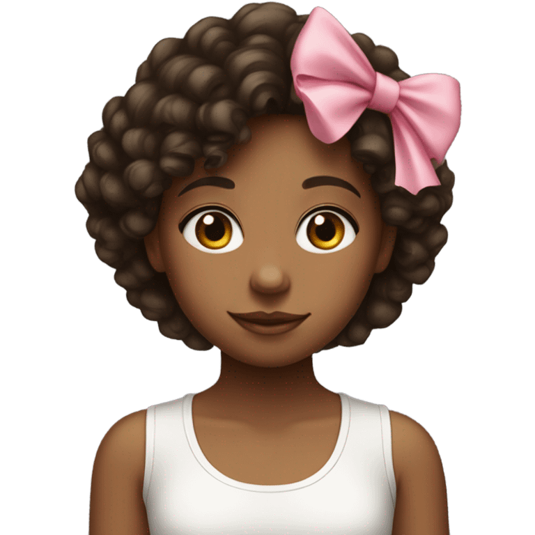 girl with a pink bow and dark brown curly hair wearing a white tank top emoji