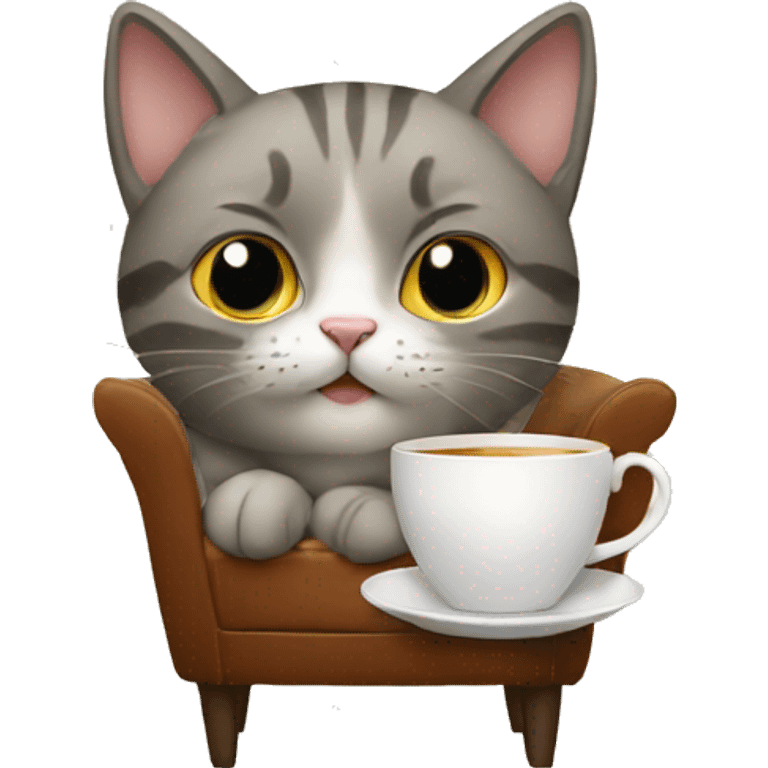 cat drinking tea looking at camera sitting in a chair emoji