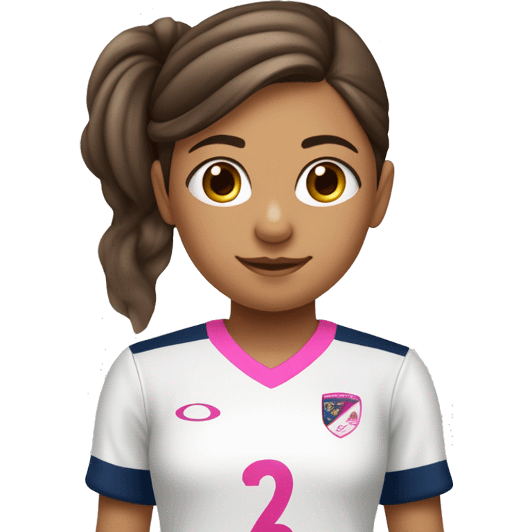 Una niña de 12 años con uniforme de fútbol con coleta alta cabello castaño y zapatos de fútbol rosados emoji