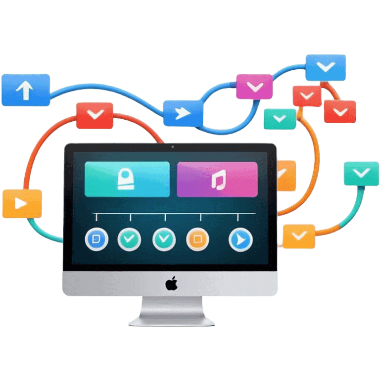 Animation and motion design. Show a computer screen with an animation timeline, moving frames, and a play button. Include motion design elements like flowing lines, curves, or rotating objects. Modern, creative colors. No emojis or smiley faces. Transparent background. emoji