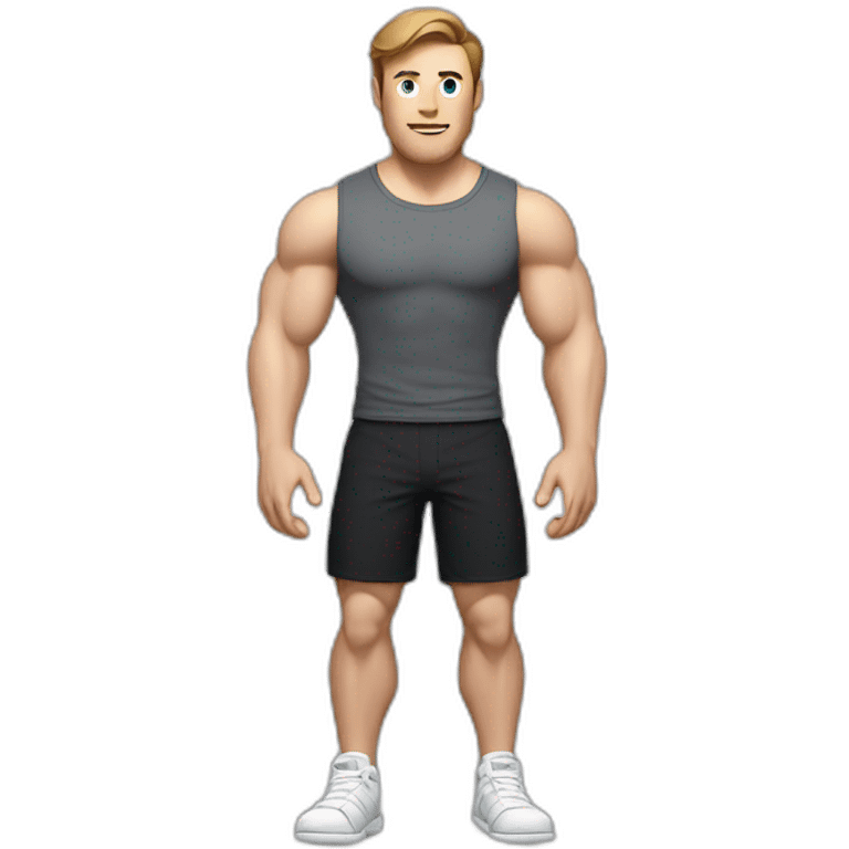 Full height Actively gesturing with hands Pale skinned Fit Man With the biceps and brown hair in dark gray Sleeveless Mike, black oversize sports shorts and white Sneakers emoji