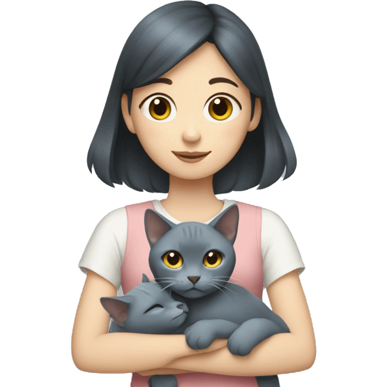 Japanese girl holding Two Russian Blue cats emoji