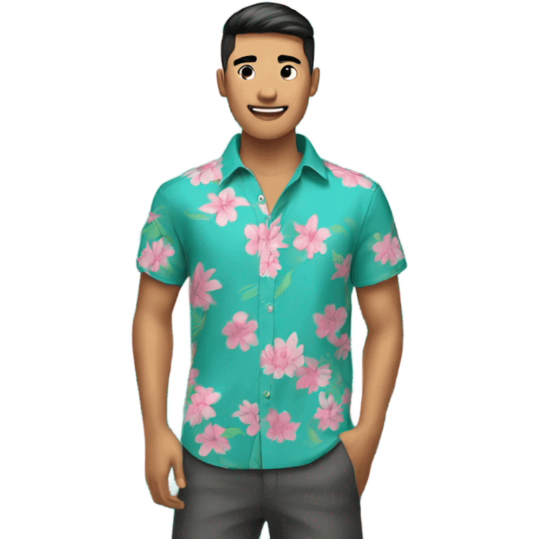 Teal hawaian shirt with pink flowers, Asian young man emoji