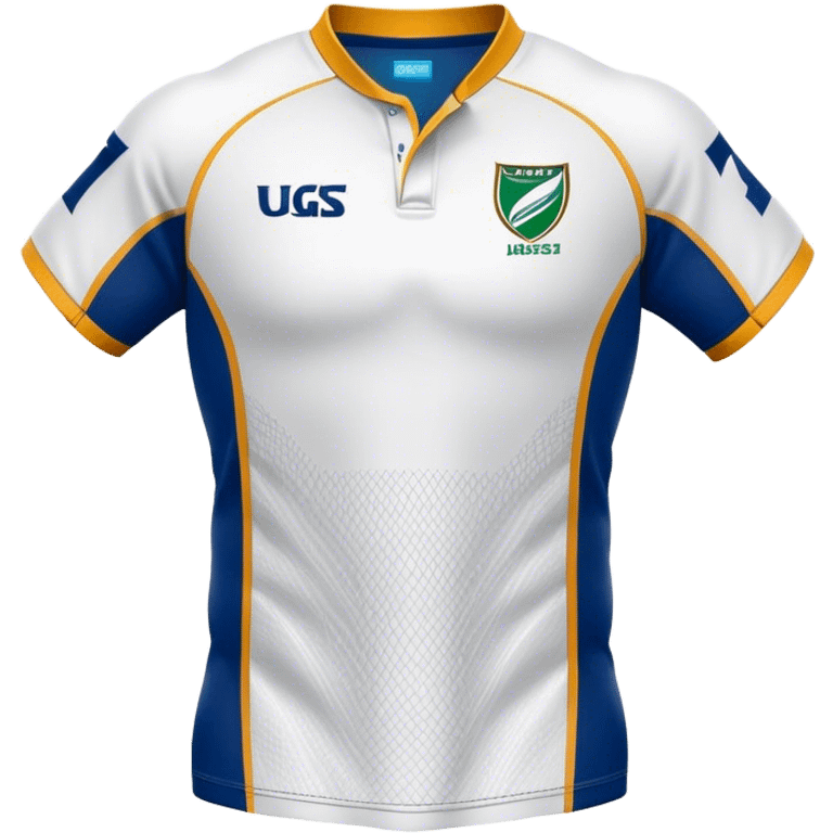 Cinematic Realistic image of a rugby jersey rendered in bold, dynamic team colors with intricately detailed fabric textures and natural creases, illuminated by dramatic stadium lighting emoji