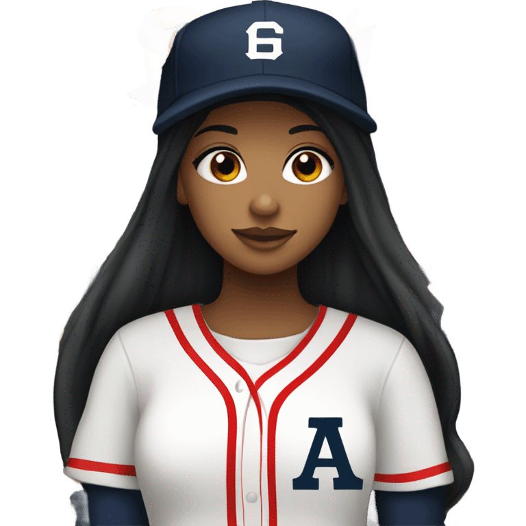 Black long hair girl wearing navy ballcap emblazoned with a red G initial and wearing baseball uniform emoji