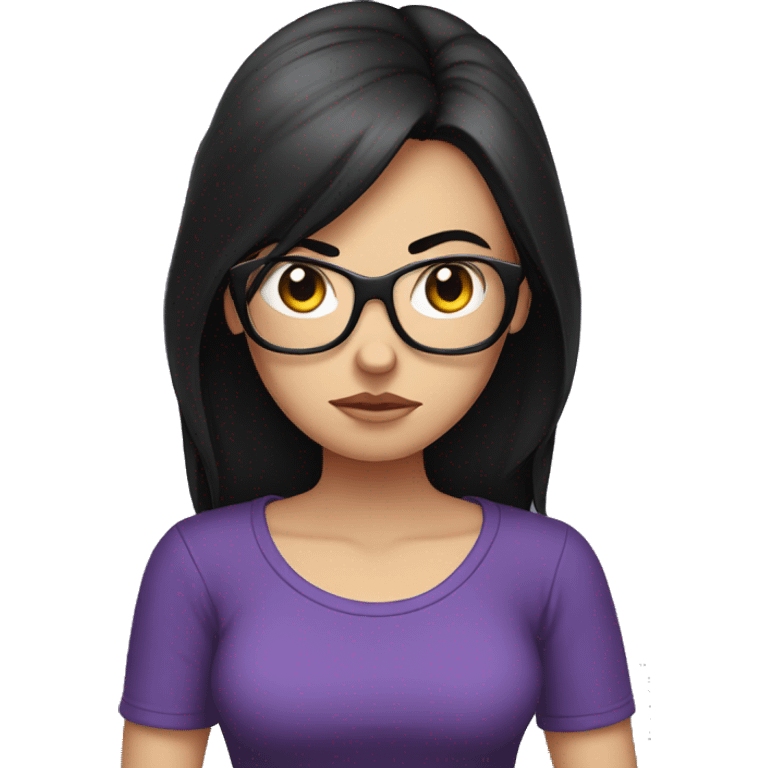 Angry scowling white girl, purple t-shirt, long black hair, wearing glasses, with arms crossed over chest. emoji