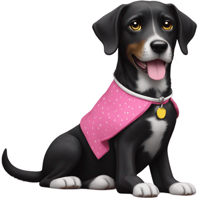 Black dog with white spotty legs and pink collar sitting next to bigger black dog with white legs and yellow collar emoji