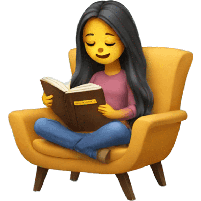 long hair girl reading a book in cozy chair  emoji