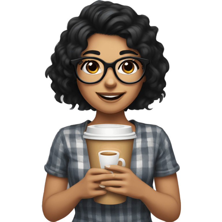 smiling girl with black hair and shaggy haircut standing with a coffee in her hand, wearing big black glasses emoji