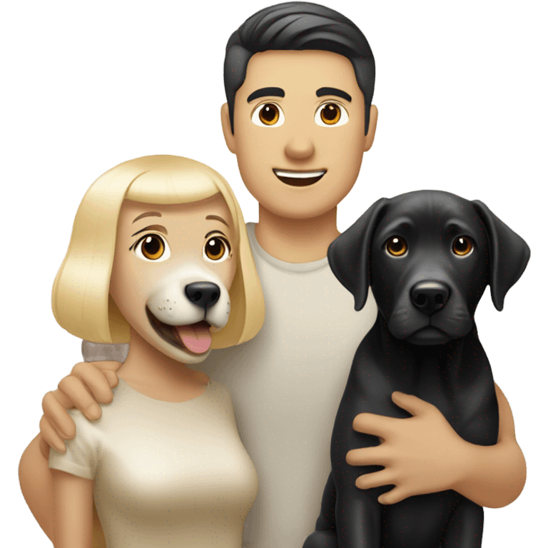 Blonde man with black haired asian women and silver lab puppy emoji