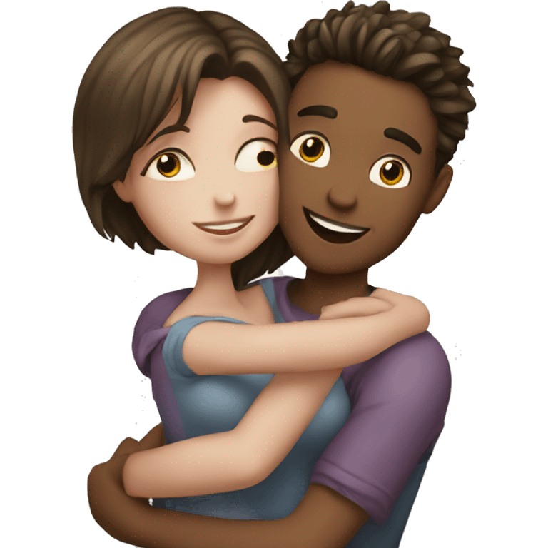 Young man and girl hugs with heart white skin emoji