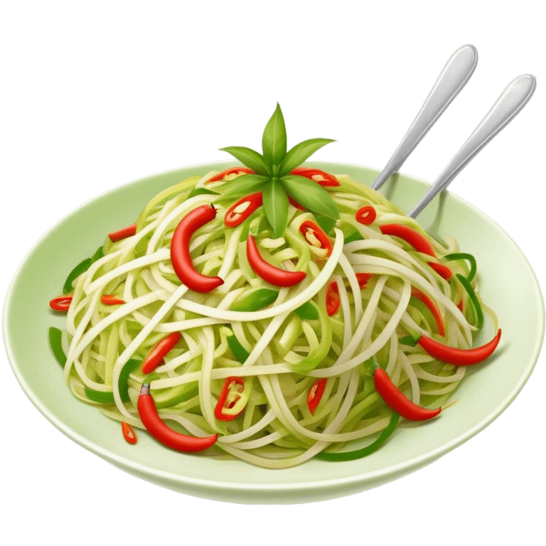 Cinematic Realistic Som Tam (Papaya Salad) Dish Emoji, featuring a spicy, tangy salad of shredded green papaya with chili and lime rendered with crisp textures and bright, lively lighting. emoji