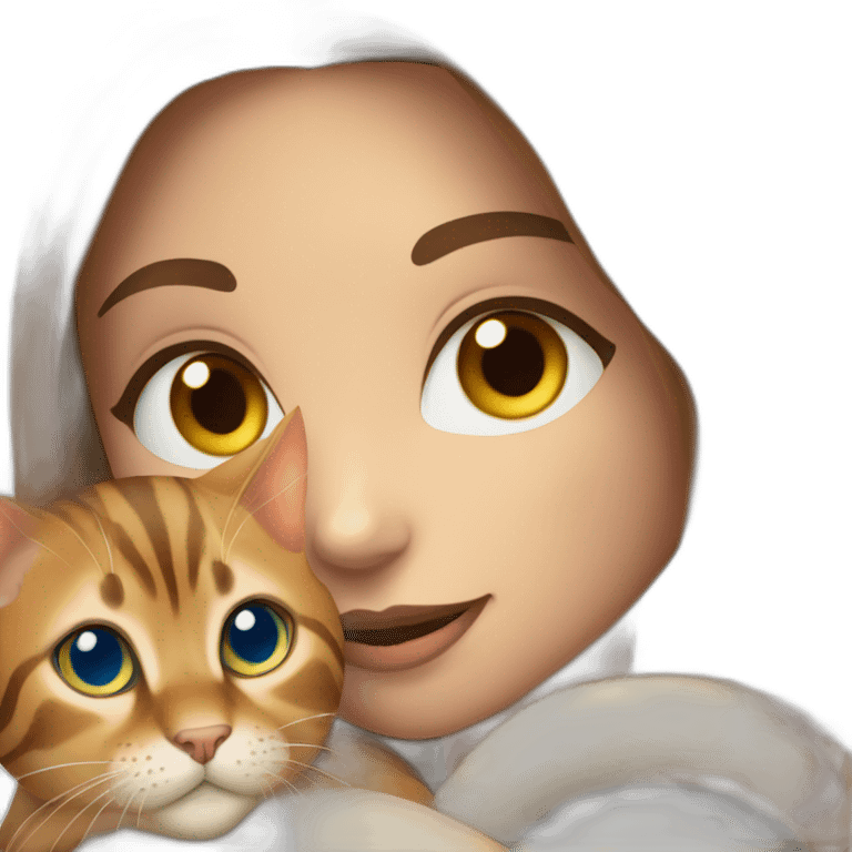 a beautiful girl with brown hair and blue eyes holds a Bengal cat with yellow eyes in her arms emoji