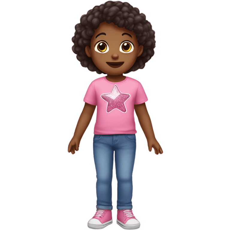 toddler child with dark hair wearing a pink tshirt with a sparkly star and blue jeans with a pink butterfly on the right leg emoji